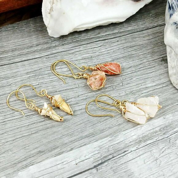 3 Piece Dainty Crystal Gemstone Shark Tooth Dangle Earrings Gold - Picture 2 of 6